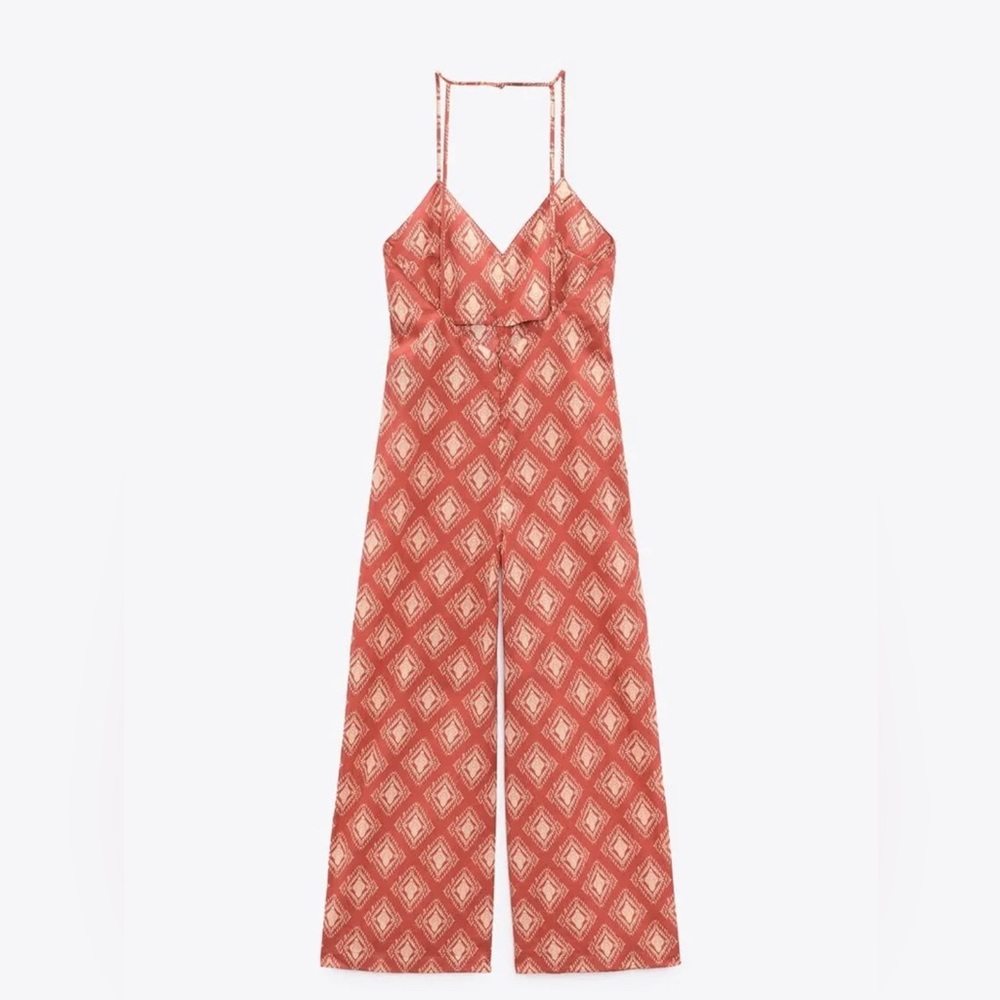 Zara NWOT Printed The Jami Print Jumpsuit orange/creme size Small - Picture 8 of 9